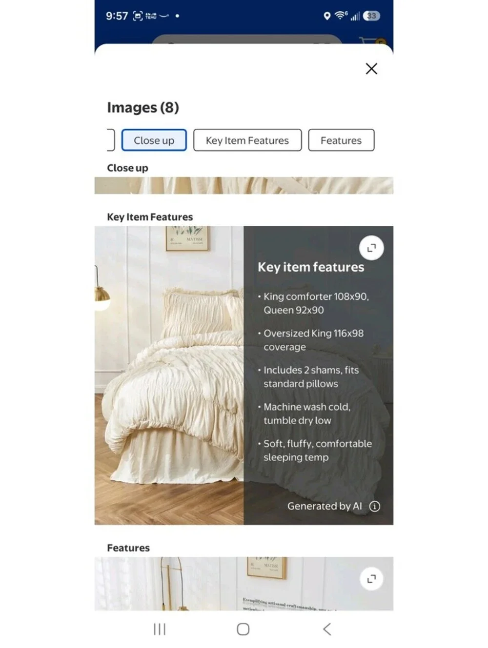 Bonlino Farmhouse Ruched Comforter King Size Bed Set 3 Pieces with Pillow Shams